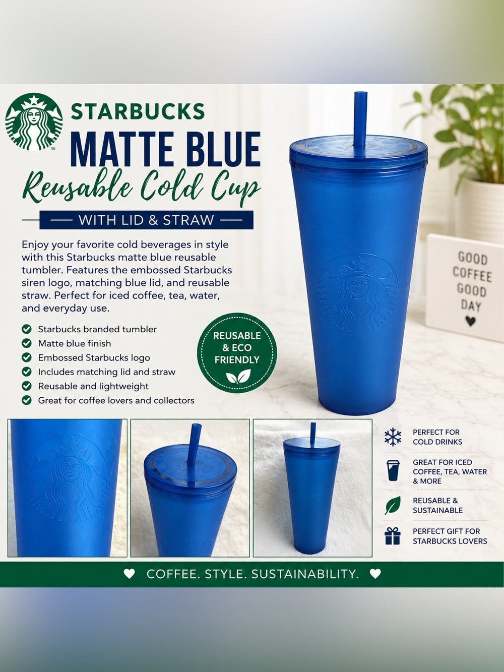 Starbucks Matte Blue Reusable Cold Cup Tumbler w/ Lid & Straw
